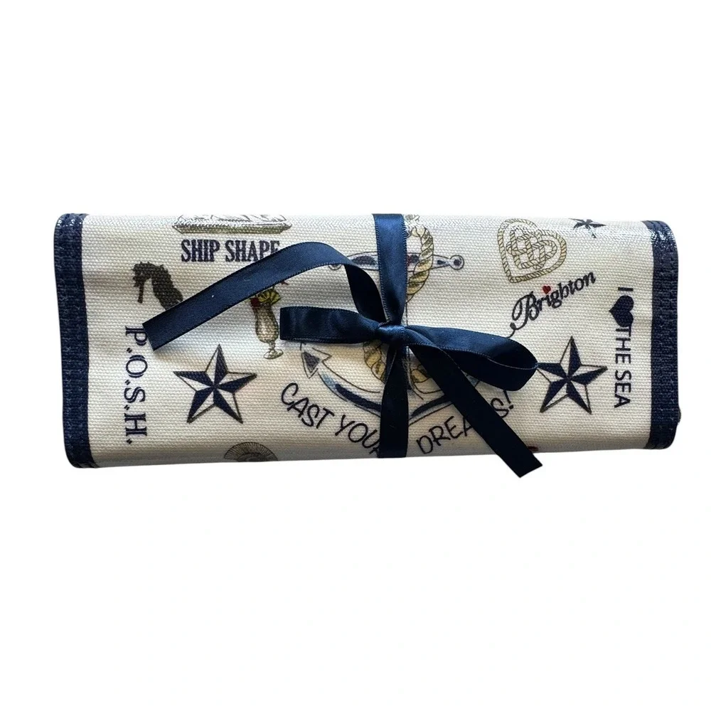 Brighton Nautical Jewelry Roll Organizer Navy Blue Velvet Travel Case Anchors